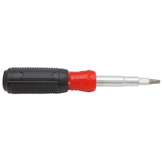 PROTO J93111 multi-bit screwdriver with black textured grip, red collar, and steel shaft, side angle.