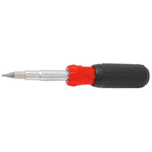 PROTO J93111 screwdriver with black textured handle and red collar, side angle on white background.