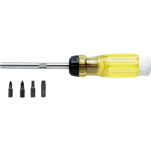 PROTO J9320 screwdriver with yellow handle and four interchangeable bits, side view on white background.