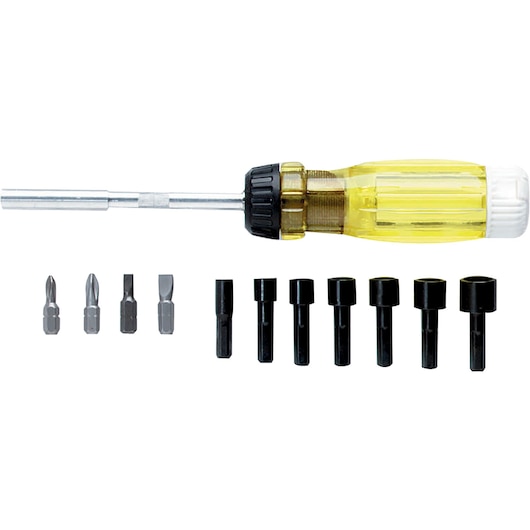 PROTO J9322 multi-bit screwdriver set with yellow handle and interchangeable bits, top view on white background.