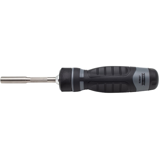 PROTO J9323 ratcheting screwdriver with black and gray handle, side view on white background.