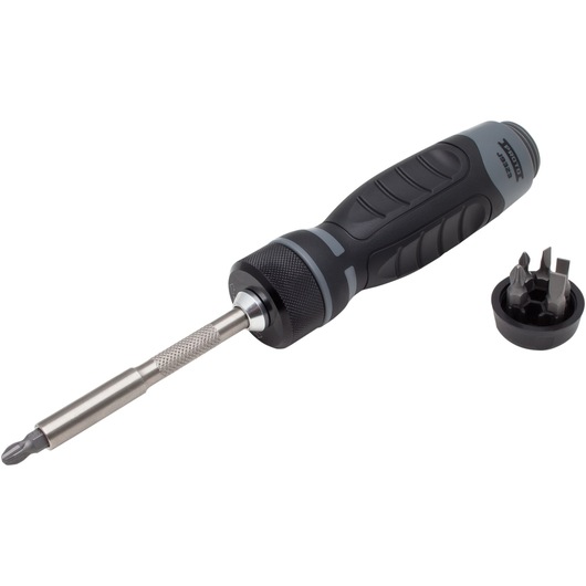 PROTO J9323 multi-bit screwdriver with black and gray handle and removable bit storage, side angle on white.