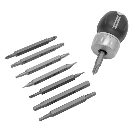 Ratcheting stubby screwdriver with bit assembled and (7) double ended 67mm bits next to it on white background
