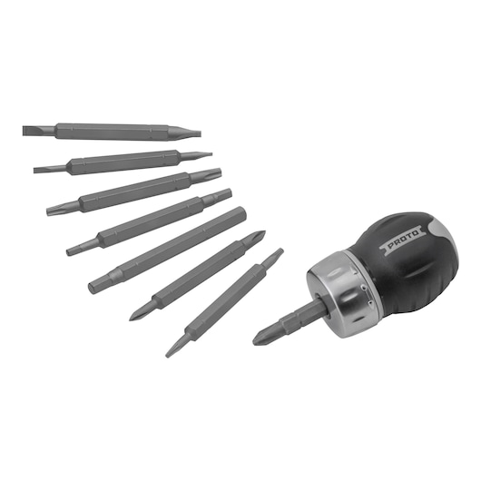 Photo of PROTO J9325 stubby screwdriver set with black handle and eight interchangeable bits on white background.