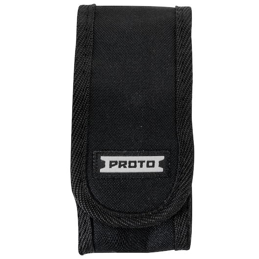 Photo of PROTO J9325 black fabric pouch, front view, with PROTO logo on the flap.