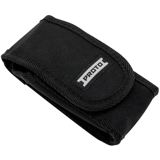 PROTO J9325 black nylon tool pouch with flap, angled view on white background.