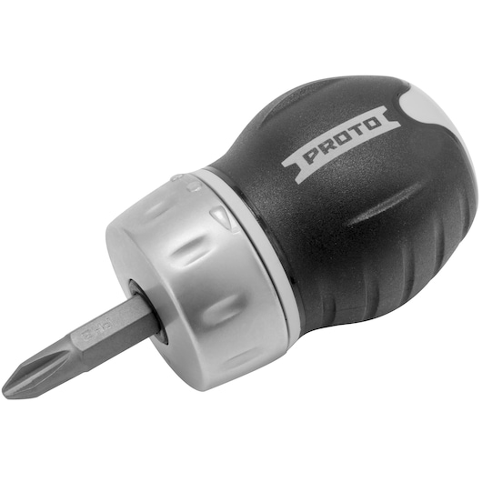 A close-up image of a PROTO brand stubby screwdriver with a black and silver handle and a Phillips head tip.