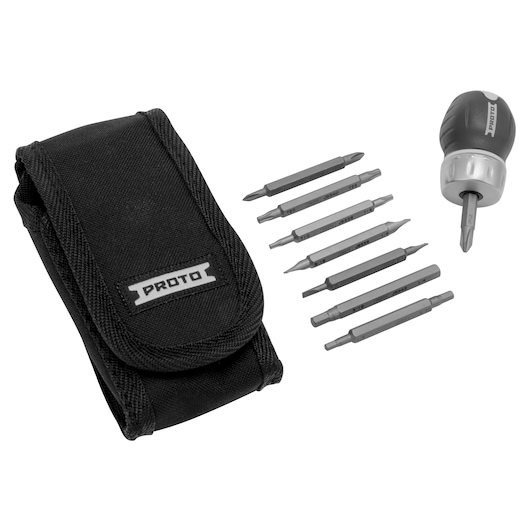 A PROTO screwdriver set including a black carrying pouch, a stubby screwdriver handle, and eight interchangeable bits arranged beside it.