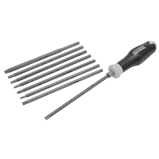 Strikable Extraction Multi-Bit Screwdriver with 9/32 bit assembled and (7) additional bits displayed beside on white background