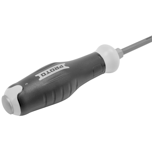Close-up of the steel strike cap on handle of screwdriver at right angle on white