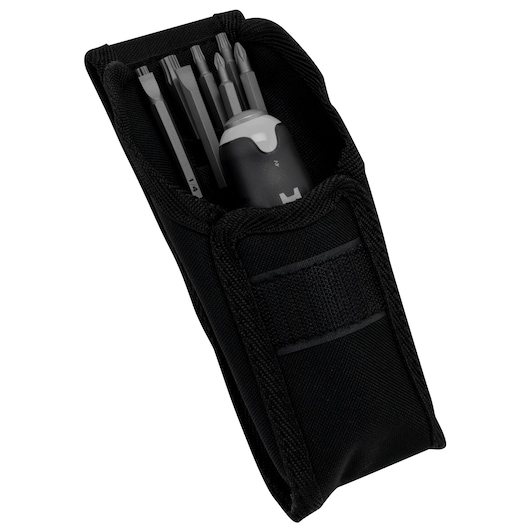 PROTO J9326 screwdriver set with black handle and multiple bits in a black fabric pouch, front angle.
