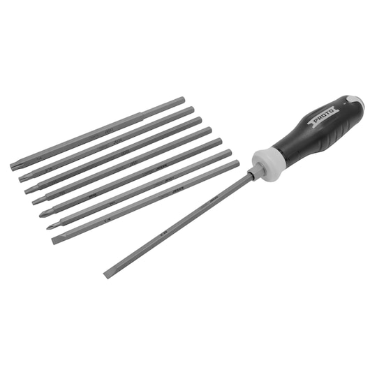 PROTO J9326 screwdriver set with black handle, eight interchangeable steel shafts, white background, top view.
