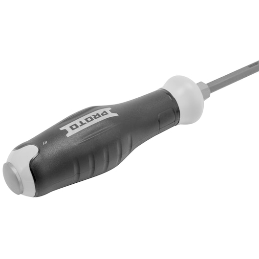 A black and gray handheld screwdriver with a comfortable grip handle. The handle features the PROTO brand name, and the screwdriver shaft is metallic.