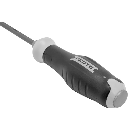 A close-up view of a PROTO brand screwdriver with a black and gray ergonomic handle and a metal shaft.