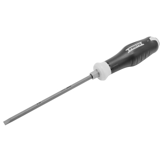 A flathead screwdriver with a black and white handle, labeled PROTO, shown against a white background.