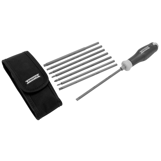 A set of interchangeable screwdriver bits with a black handle, a black soft carrying pouch labeled PROTO, and seven metal bits of varying types and sizes, arranged in a row.
