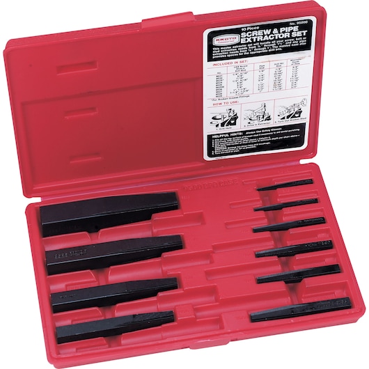 PROTO J9500B screw and pipe extractor set, 10-piece, black metal extractors in red plastic case, top view.