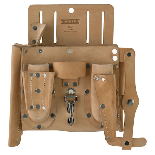 PROTO J95030 leather tool pouch front view, tan color, multiple compartments, metal rivets and clasps.