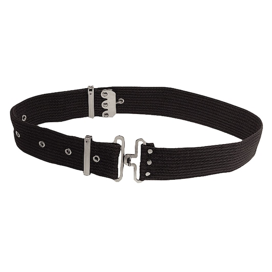 PROTO J95230 black utility belt with silver metal buckle, side view on white background.