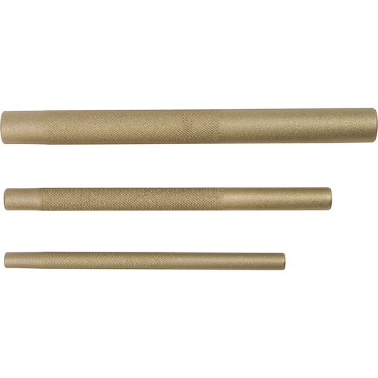 PROTO J9633B brass drift punch set, three knurled cylindrical tools, side angle, white background.