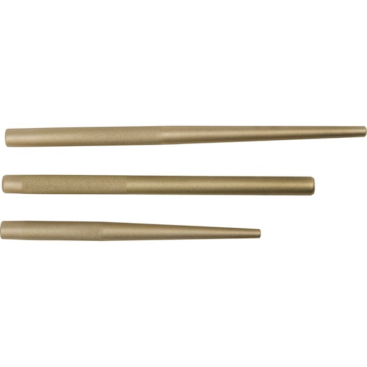 Photo of PROTO J9633HB brass tapered aligning punch set, three pieces shown on white background.