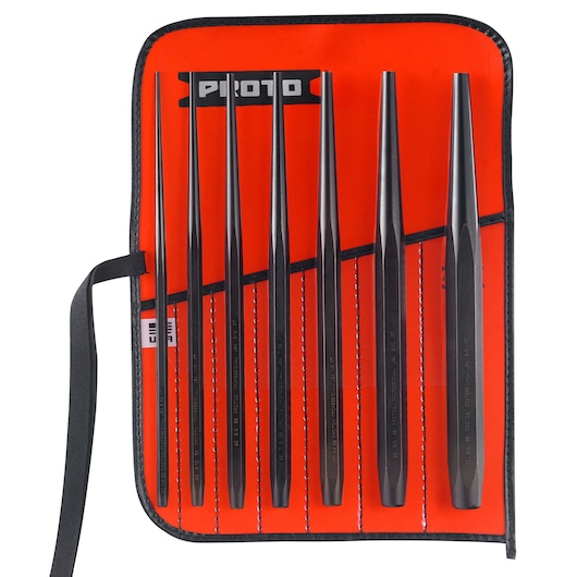 PROTO J96AS2 tapered punch set in black metal, six pieces in orange roll pouch, front view.