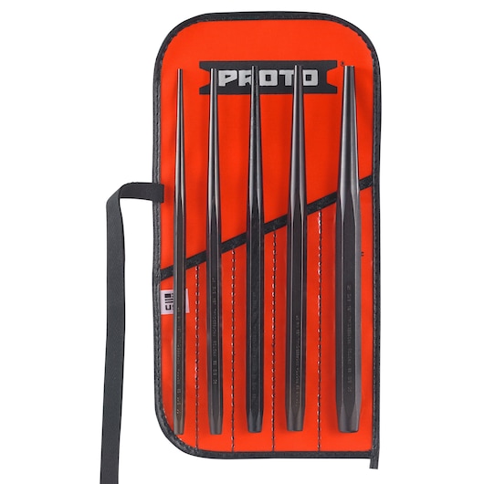 PROTO J96BS2 punch set with five black tapered punches in an orange tool roll, top view on white background.