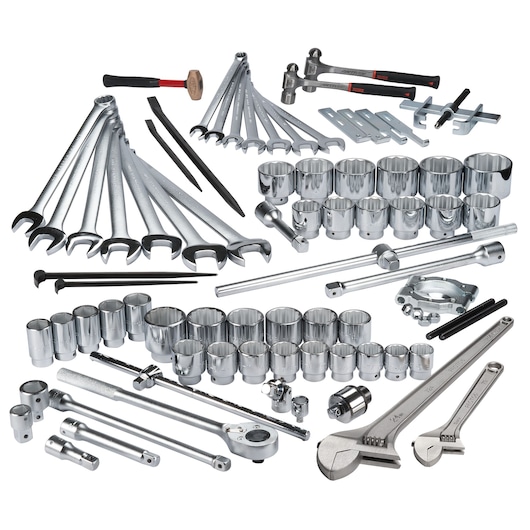 PROTO J98300 mechanic tool set with wrenches, sockets, ratchets, hammers, and accessories, white background, angled view.