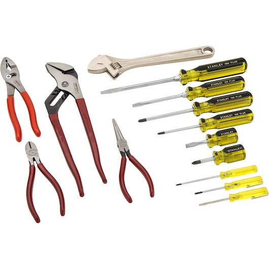 PROTO J98314 hand tool set with pliers, adjustable wrench, and Stanley screwdrivers displayed on white background, top view.