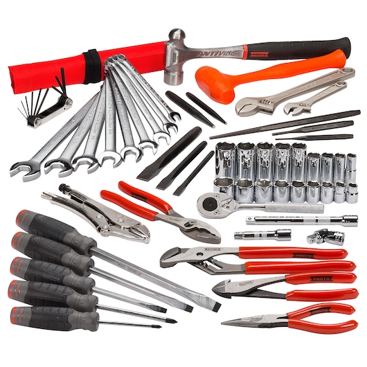 PROTO J99200 mechanic tool set featuring wrenches, pliers, screwdrivers, sockets, and hammers, overhead view.