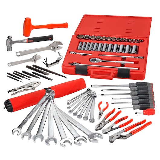 PROTO J99300 large mechanic tool set with wrenches, pliers, screwdrivers, and red hard case, photographed on white.