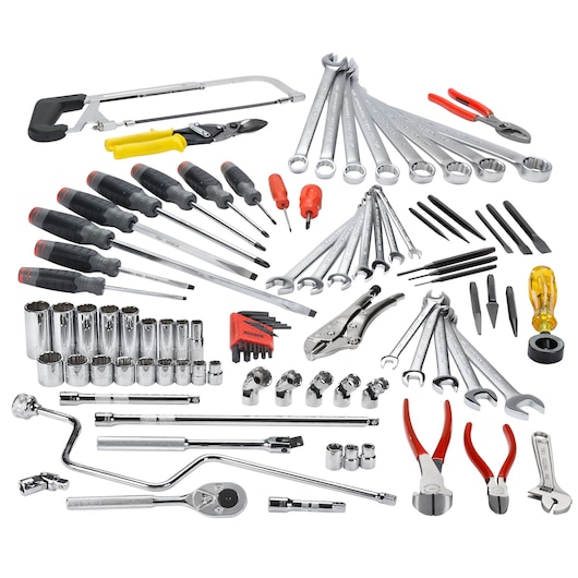 PROTO J99480 tool set with wrenches, pliers, screwdrivers, sockets and accessories, top angle, white background.