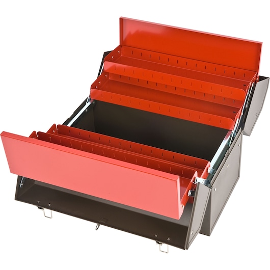 PROTO J9951 metal cantilever tool box with red trays, open, angled view on white background.