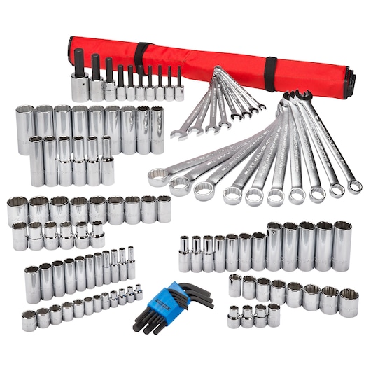 PROTO J99570 mechanic tool set with chrome sockets, wrenches, hex keys, and red carrying pouch, front angle.
