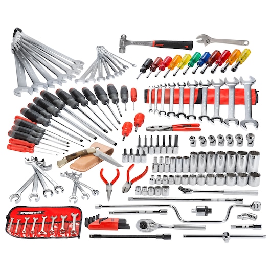 PROTO J99660 hand tool set with wrenches, screwdrivers, pliers, sockets, ratchets, and accessories on white background.