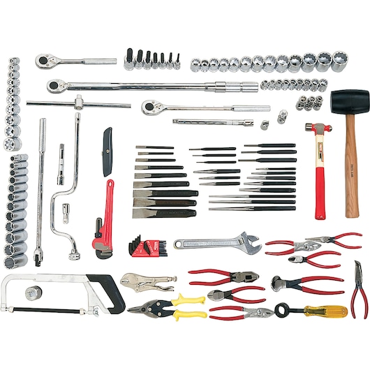 PROTO J99665 mechanic tool set with ratchets, sockets, wrenches, pliers, hammers, and hand tools, top-down view.