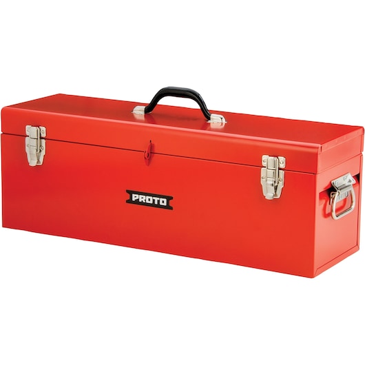 PROTO J9969R red metal toolbox with black handle, front angle on white background.