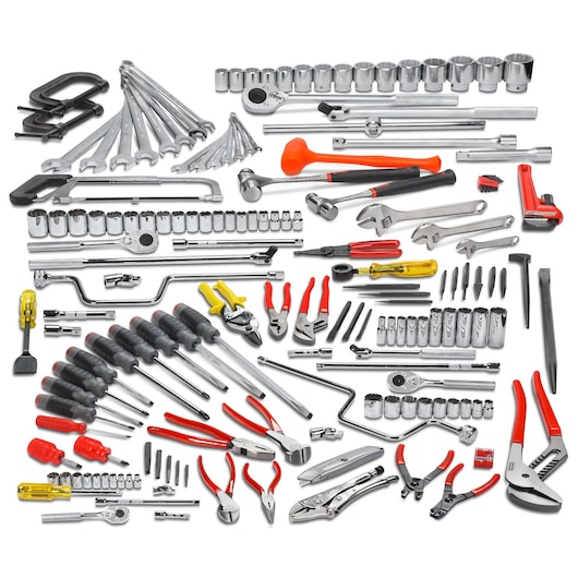 PROTO J99700 tool set photography, top view showing assorted hand tools like wrenches, pliers, screwdrivers, and sockets.
