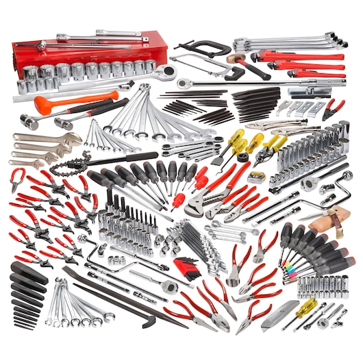 PROTO J99710 tool set with red toolbox, wrenches, pliers, screwdrivers, sockets, on white background.