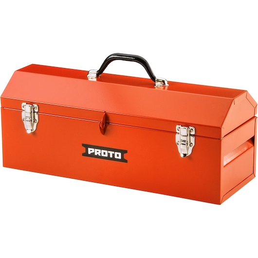 PROTO J9971R orange metal toolbox with black handle, front angle on white background.