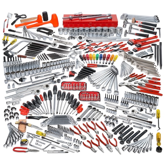 PROTO J99720 comprehensive mechanic’s tool set with wrenches, screwdrivers, sockets, pliers, and hammers, top view.