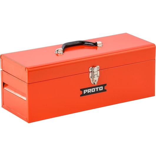 PROTO J9977-NA orange metal toolbox with handle and latch, photographed at a front angle on white background.