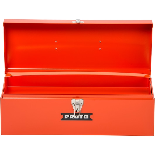 PROTO J9977-NA orange metal toolbox front angle with open lid and latch.