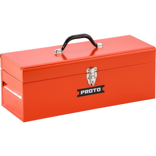 PROTO J9977R orange metal toolbox with black handle, front latch, and side handles, product photo, angled on white background.