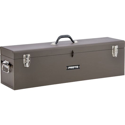 PROTO brown metal toolbox with handle, latches, and logo, SKU J9979-NA, front angle on white background.