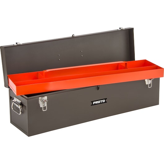 PROTO J9979-NA black steel toolbox with open lid and red removable tray, front angle.