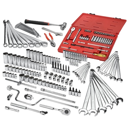 PROTO J99900 mechanic tool set with chrome sockets, wrenches, pliers, and red case, front angle on white background.
