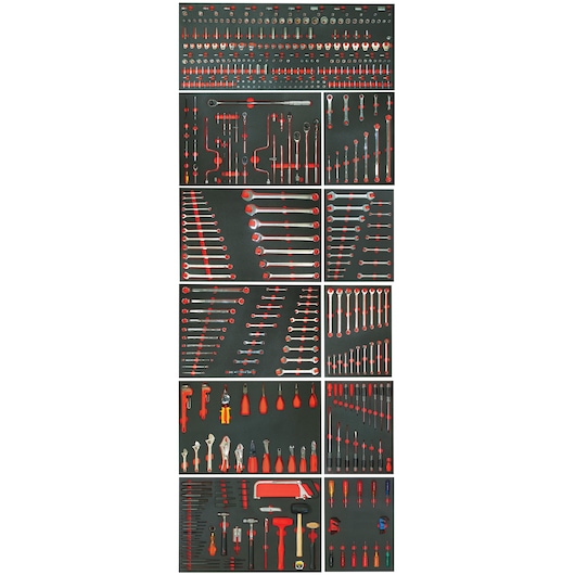 PROTO J99920 photography showing assorted hand tools on black surface in organized layout.