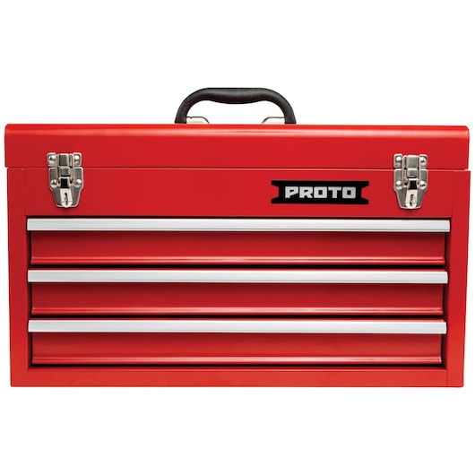 PROTO J9993 red metal tool box with three drawers, front angle, black handle and silver latches.