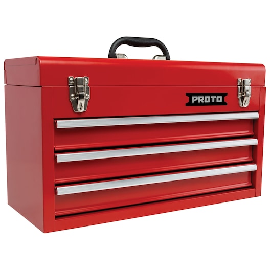 PROTO J9993 red metal tool box with three drawers, front angle, black handle, silver latches.